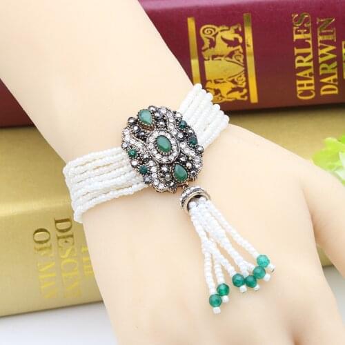 Fashion Antique Floral Beaded Bracelet Turkish Jewelry Retro Gold Color Tassels Charm Bracelets Women Wedding Dancing Bijoux