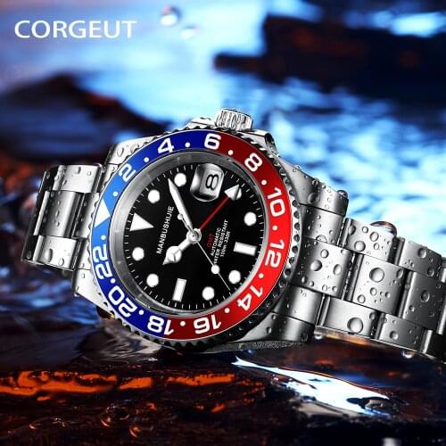 CORGEUT Diver Mens GMT Watch 316L Steel Bands Mechanical Watch Sapphire Automatic Military Calendar Clock Waterproof Herrenuhr
