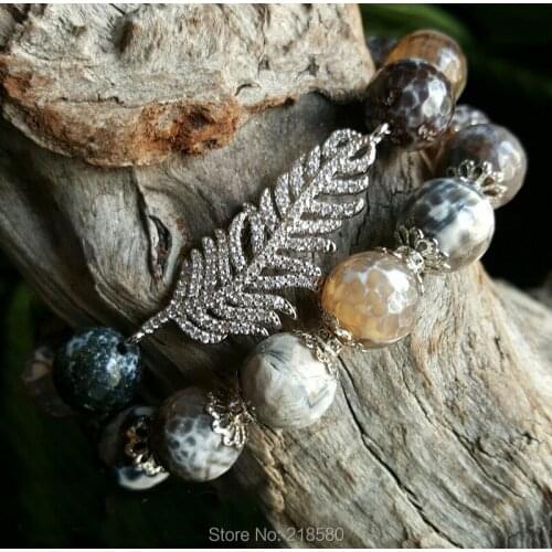 Pave Feather Brown Agates Beads Bracelet Set of 2 SE21578