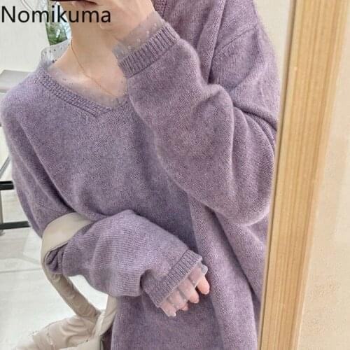 Nomikuma Gauze Patchwork Vintage Sweater Women V Neck Long Sleeve Casual Loose Pullovers New Arrival Korean Fashion Pull Femme
