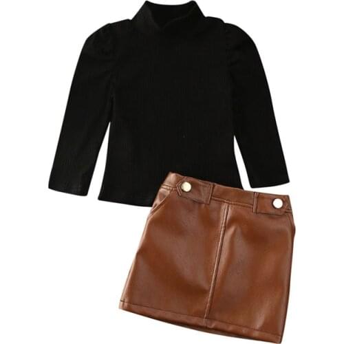 Lioraitiin 1-5Years Toddler Baby Girl Autumn Fashion Clothing Set Long Sleeve knitting Black Top Leather Skirt 2Pcs Outftfit