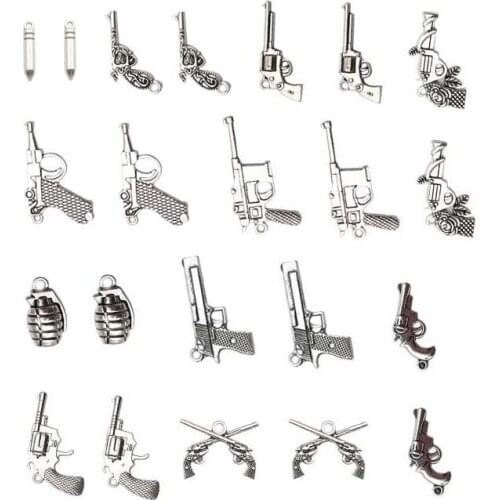Mixed 44 pieces diy retro alloy jewelry accessories ancient silver simulation gun weapon bullet necklace bracelet pendant