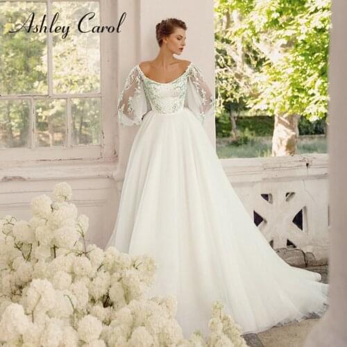Ashley Carol A-Line Wedding Dress 2021 Elegant Beaded Embroidery Scoop Bride Puff Sleeve Backless Sparkling Princess Bridal Gown