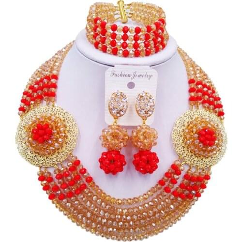 Unique Champagne Gold AB Opaque Red Crystal Women Necklace Sets for Party or Other Occasion 6C-SPHJZ-04