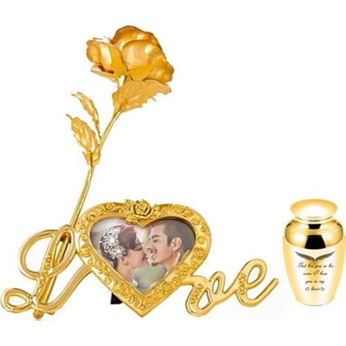 Cremation Urn Gold/Rose Flower Frame Love Shape Stainless Steel Memorial-God Has You In His Arm I Have You In My Heart