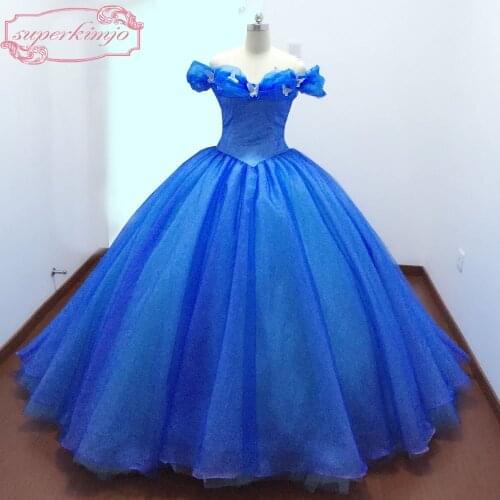 Actual Image Evening Dresses Gowns Court Train Off the Shoulder Butterfly Blue Ball Gown Cinderella Prom Dresses Real Picture