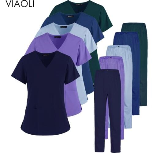 High quality wholesale scrubs (tops and pants) men and women usable solid color short sleeve care lab pet grooming salon set