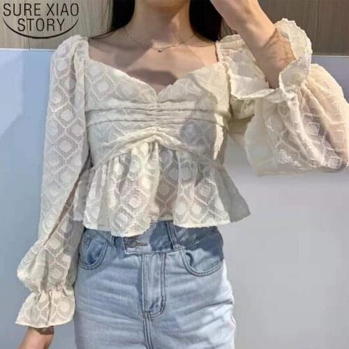 2021 Spring and Summer Sweet Ruffles Tops Women Off Shoulder Blouse Temperament Slash Neck Pleated Chiffon Shirt Blusas 15608