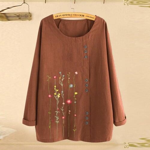 40# Plus Size Women T-shirts Cotton Linen Flower Embroidery Button Long Sleeves Vintage T-shirt Blouse Tee Top Oversized Shirts