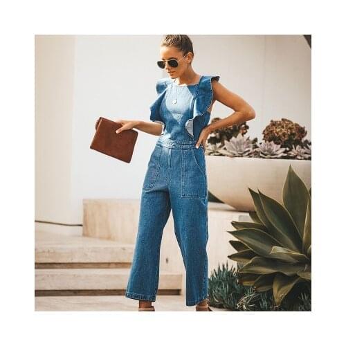 Fashion Ladies Denim Jumpsuit Autumn And Winter New Womensneckline Open Back Stitching Pockets With Ruffled Denim Long Jumpsuit