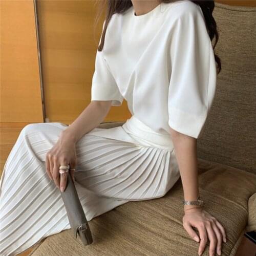 Summer Korean Skirt Suits Women Two Piece Set Short Sleeve O-neck Top + High Waist Long Pleated Skirt 2 Piece Outfits Elegant
