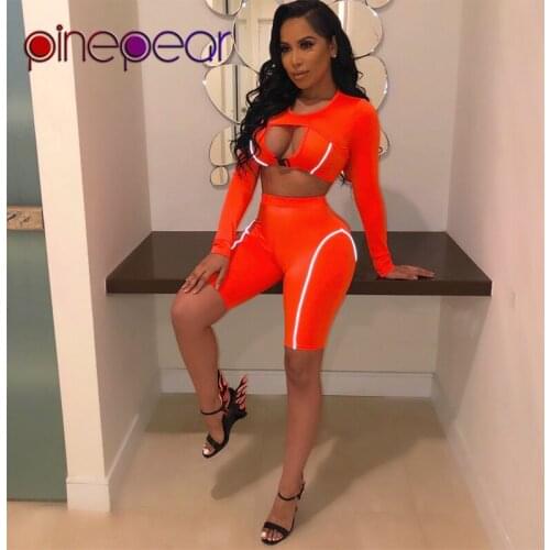 PinePear Reflective Striped Buckle Belt Crop Top + Shorts 2 Piece Sport Set 2019 Women Hollow Out Fitness Yoga Suit Wholesale