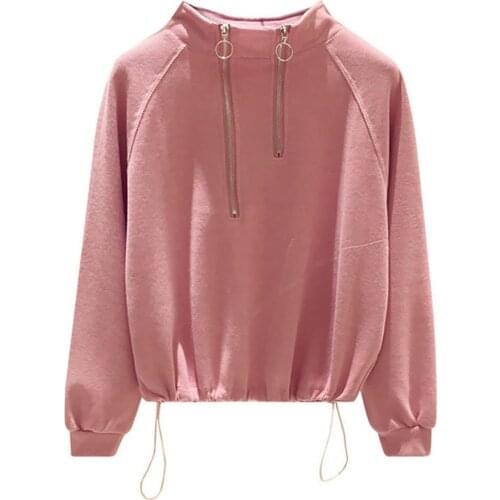 Women Sweatshirt Casual Stand-up Collar Solid Color Loose Coat Drawstring Half Zip Female Sweatshirt Tops