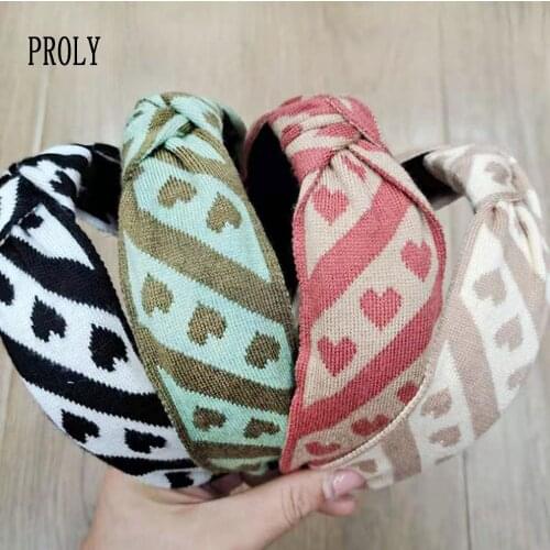 PROLY New Fashion Women Turban Autumn Wide Side Love Knitted Headband Adult Center Knot Hairband Casual Hair Accessories