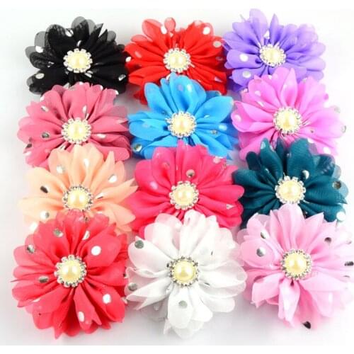 50pcs/lot 22 Color U Pick 3.15 Inch Silver Polka Dots Chiffon Ballerina Ruffled Flowers With Pearl Rhinestone Hair Accessories