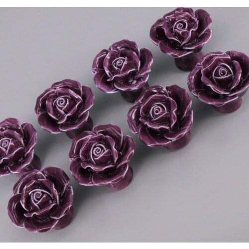 8PCS Purple Flower Ceramic Cabinet Handles Kitchen Furniture Cupboard Closet Dresser Drawer Handles pulls Bedroom Ceramic knobs