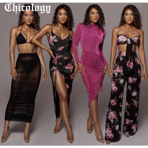 Chicology 2021 Summer Women Dress Flower Print Sleveless Sexy Drawstring Bodycon Fashion Slit Side Midi Dresses