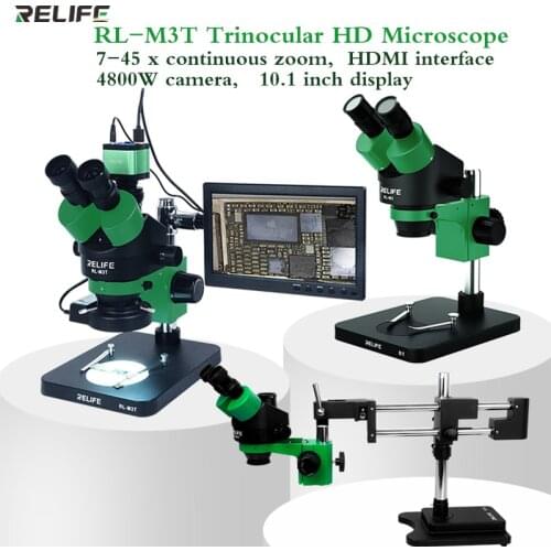 RL-M3T mobile phone repair electron microscope binocular trinocular 7-45x with stl2 long arm ,4k camera microscope professional