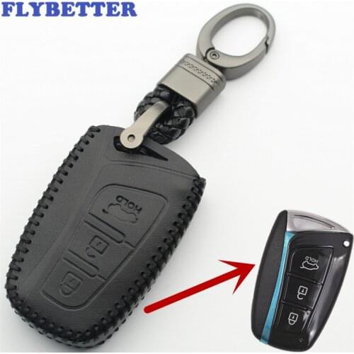 FLYBETTER Genuine Leather KeyChain 3Button Smart Key Case Cover For Hyundai IX45/Santa Fe/Solaris/Tucson/Accent (B) L279
