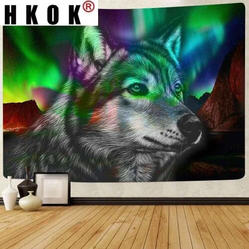 HKOK Animal Wolf Realist Tapestry Aurora Borealis Mountain Art Wall Hanging Tapestries for Living Room Blanket Dorm Home Decor