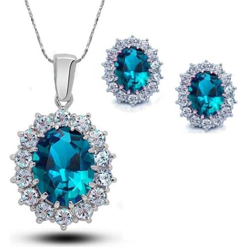 Queen Royal Ocean Blue Gold Austrian Crystal Rhinestones Zircon Pendant Chain Necklace Earrings Ring Jewelry Sets