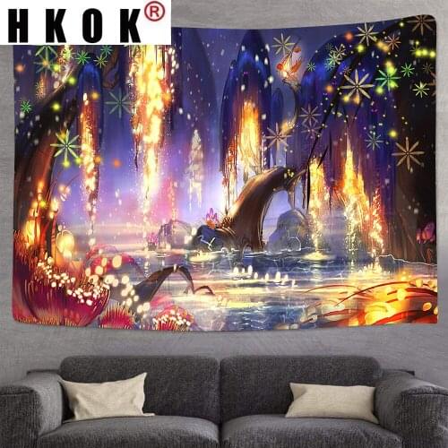 HKOK Fantasy Dreamlike Mushroom Forest Castle Tapestry Fairytale Trippy Colorful Butterfly Wall Hanging Tapestry Home Decor