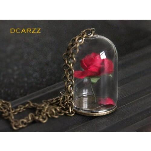 Beauty and the Beast Necklace Enchanted Rose in Terrarium Pendant Valentines Day,Fairy Tale Jewelry Wish Necklace Wholesale