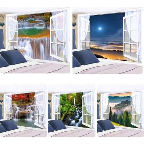 Windowing Landscape Painting Tapestry Wall Hanging Forest Waterfall Psychedelic Bohemian Modern Style Home Decor