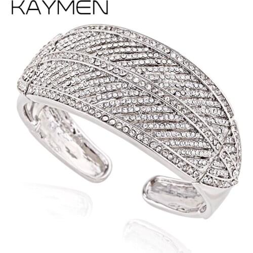 Newest Silver Plated Full Rhinestones Leaf Shape Bangle for Women Gilr, Fashion Crystals Openen Cuff Bangle Bracelets