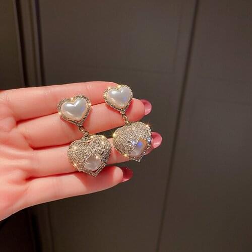 New Fashion Shiny Crystal Temperament Drop Earrings Trend Sweet Fresh Lovely Heart Pearl Elegant Senior Women Earrings