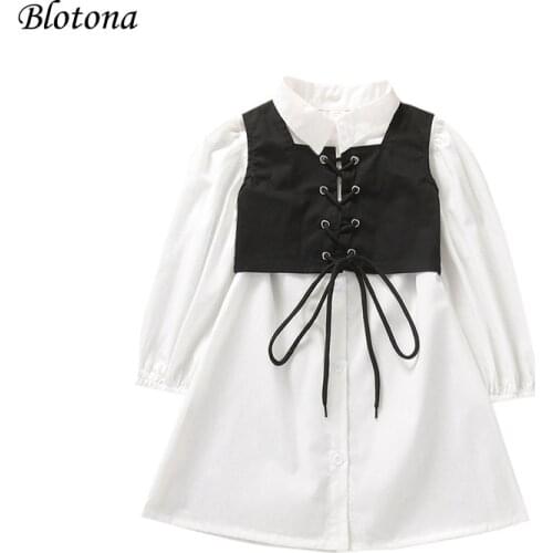 Blotona 2Pcs Kids Summer Outfit, Solid Color Lapel Long Sleeves Shirt Dress + Tied Cross Straps Waistcoat for Girls, 1-6 Years