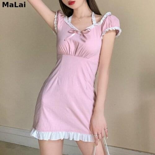 Kawaii Fairycore Dress Lace Pink Girls Waist Hugging Slimming French Dress Summer New Style Temperament Fashion Lolita Dresses