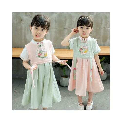 Explosion models girls 2-6 years old baby Hanfu summer embroidery Chinese style sleeve stitching color female baby fairy dress