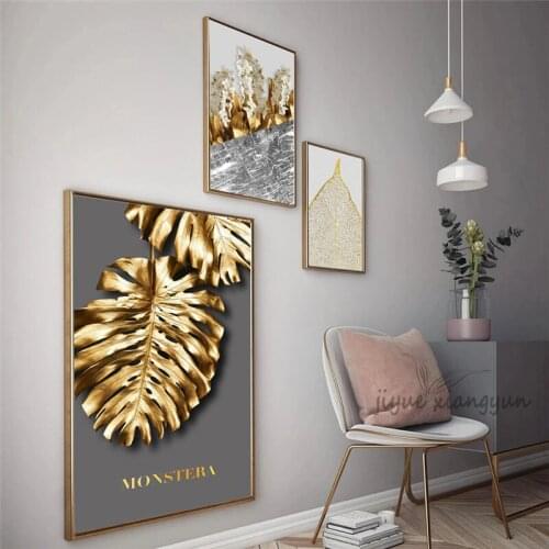 Golden Leaves Flower Poster Monstera Wall Art Gold Decor Print Picture Canvas Painting Nordic Home Decoration Living Room Decor