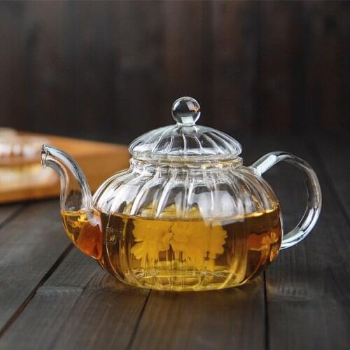 Transparent Striped Pumpkin Shape Flower Teapot Heat-Resistant Glass Teacup Office Kung Fu Kettle with Infuser Portable Tea Pot