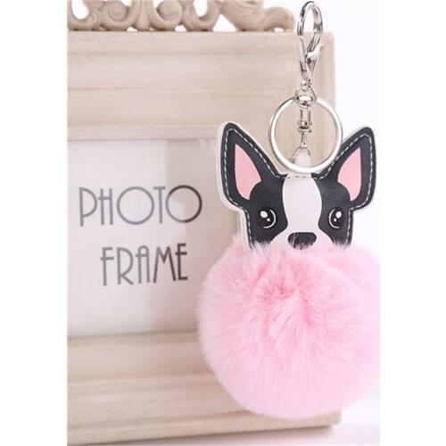 Fluffy Rabbit Fur Ball French Bulldog Keychain Pompom Key Chain Pu Leather Animal Dog Keyring Holder Bag Charm Trinket Chaveiros