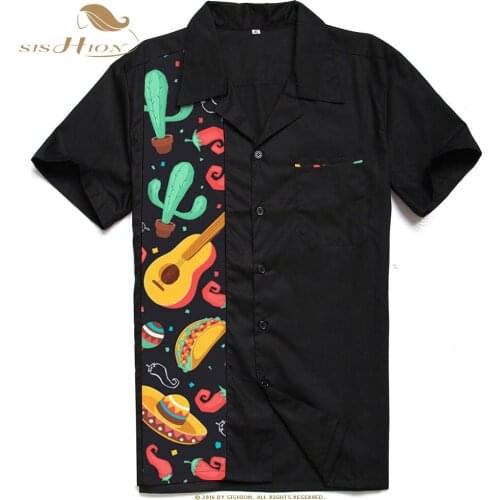 SISHION Mens Retro Bowling Camp Shirt ST110 Summer Print Men Short Sleeve Black Vintage Shirt Plus Size