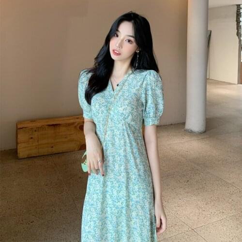 Puff Sleeve V-Neck High Waist Retro Floral Print Sundress Women Summer Casual Folds Midi Length Dress Female Vestidos Clothes