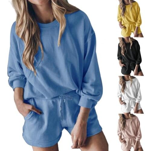 1 Set Sweatshirt Shorts Set Solid Color Drawstring Two-piece Round Neck Long Sleeve Top Pockets Shorts Simple Loose Sports Suits