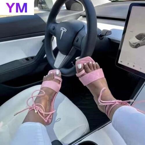 5 Colours Woman Rope Sandals Lace Up Around Ankle Strap Flats Laces Square Toe Ladies Shoes New Arrival Zapatillas Casa Mujer 43