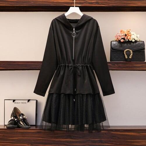 5XL plus size women vintage hooded black dress autumn winter 2021 long sleeve zipper mesh Patchwork a line mini short dresses