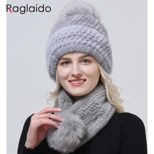 Winter Warm Women Hat Scarf Set Knitted Mink Fur Covered up Pompom Cap Ball Scarf Natural Fur High Quality
