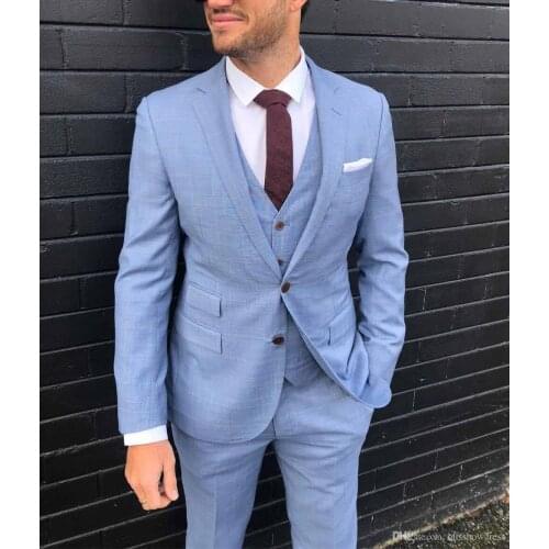 2020 Ffashion Sky Blue Mens Suit 3 Pieces Formal Notch Lapel Business Suit Groomsmen Tuxedos For Wedding(Blazer+vest+Pants)