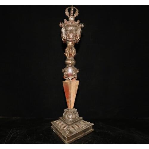 21" Tibet Buddhism Old Bronze Cinnabars King Kong Devil Pestle Three-sided Mahakala Head Statue Skull Dorje Vajra Phurpa