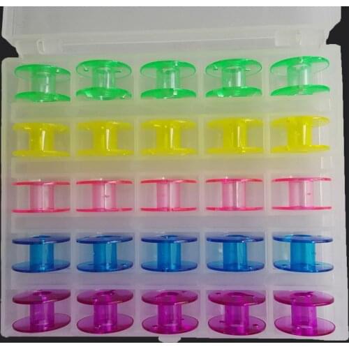 25pcs A Type Color Plastic Clear Bobbins + Plastic Box for Embroidery and Sewing Thread