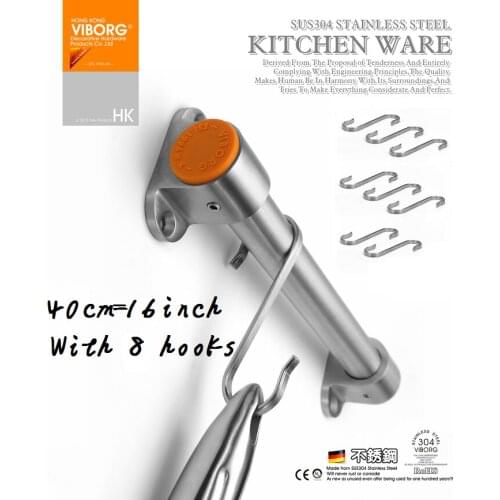 304#SS 40CM Rail Bar with 8 Hooks for kitchen Utensils Gadget Cooking Tools Cookware Spoon Knife Pot Pan Hanger Holder Rack Hook