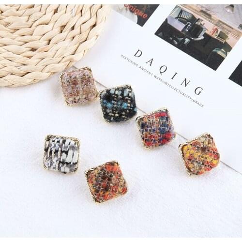 6pcs Japanese Style Geometry Women Earrings Models Houndstooth Cotton Linen Art Lattice Stud Earrings Diy Jewelry Accessories