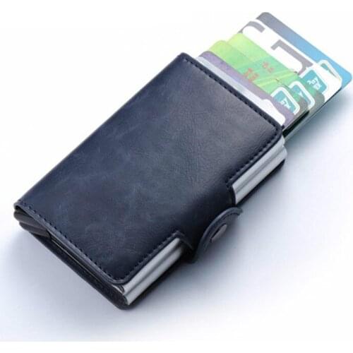 BISI GORO 2020 High Quality Vintage Crazy Horse PU Leather Credit Card Holder RFID Card Case Aluminum Double Boxes ID Purse