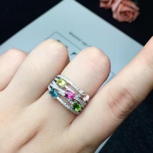 Luxurious big across Natural Multicolor tourmaline gem Ring S925 Silver Natural Gemstone Ring Womens party fine gift Jewelry