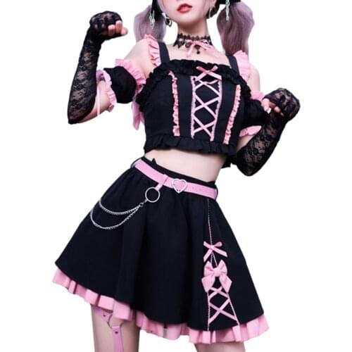 Harajuku Lolita Fashion Girls Skirt Crop Tops Set Teens Gothic Anime Cosplay Kawaii Lace Ruffle Japanese Streetwear Mini Skirt